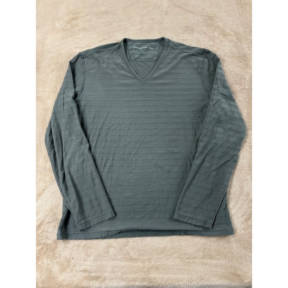 John Varvatos V-neck Shirt Men Large Gray Stripe LS Good Condition Repair Stitch
